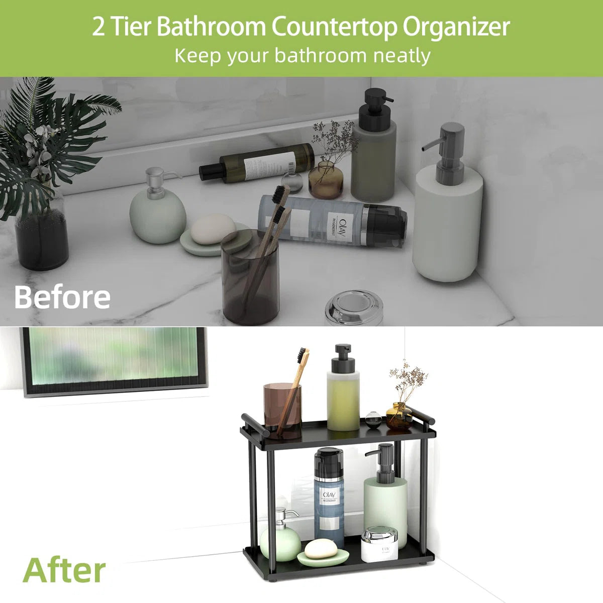 2 Tier Bathroom Organizer Countertop, Bathroom Counter Organizer, Small Vanity Shelf Skin Care Countertop Organizers,Black